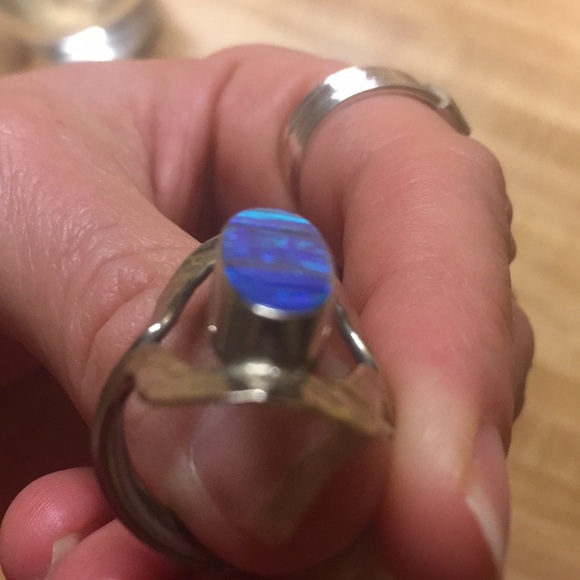 Aqua inlay size 7 fire opal hammered silver ring Taxco NWOT - Picture 5 of 7